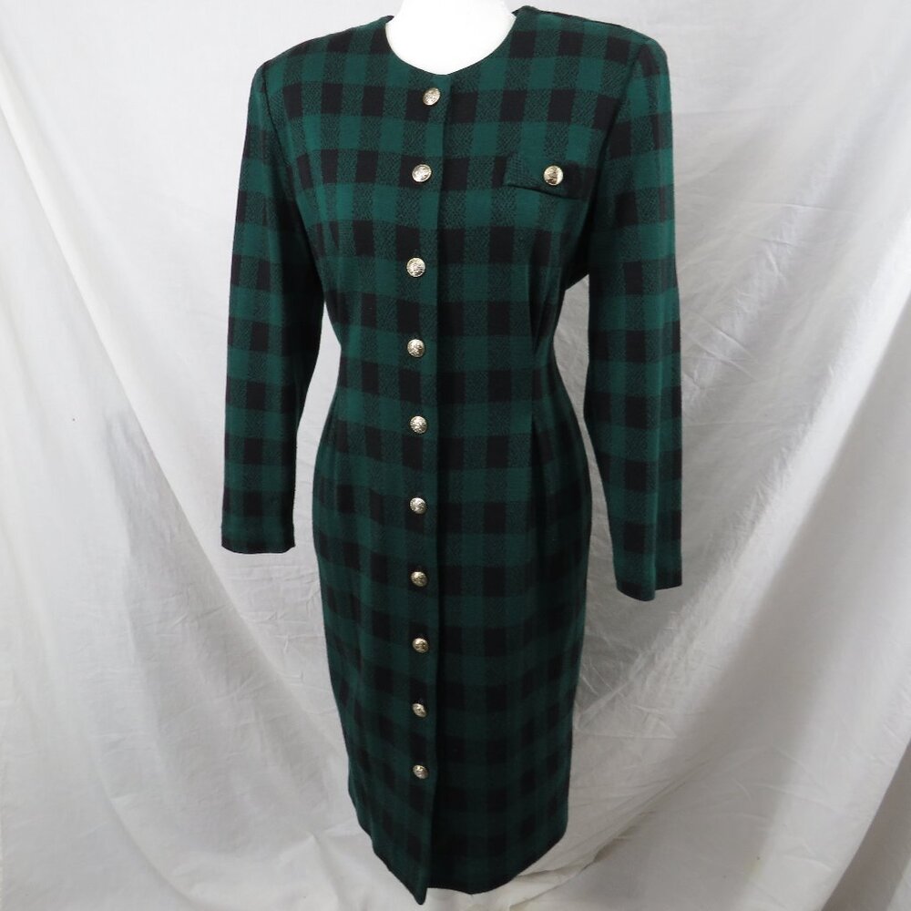 Vintage 90s Miss Dorby Petites Green Buffalo Plaid Midi Dress